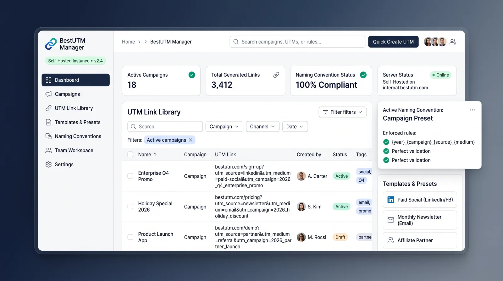 Concept illustration of the planned BestUTM Manager dashboard: campaigns, UTM link library, naming rules and templates